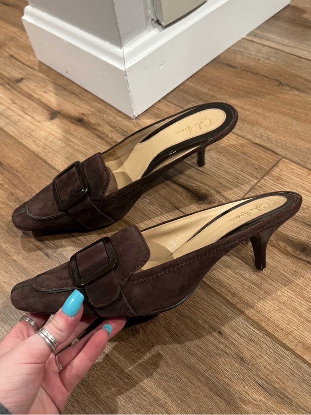 COLE HAAN Chic Brown Suede Kitten Heels with Buckles | Size 7.5